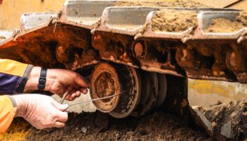 West-Trak technician performing track wear measurement on site.